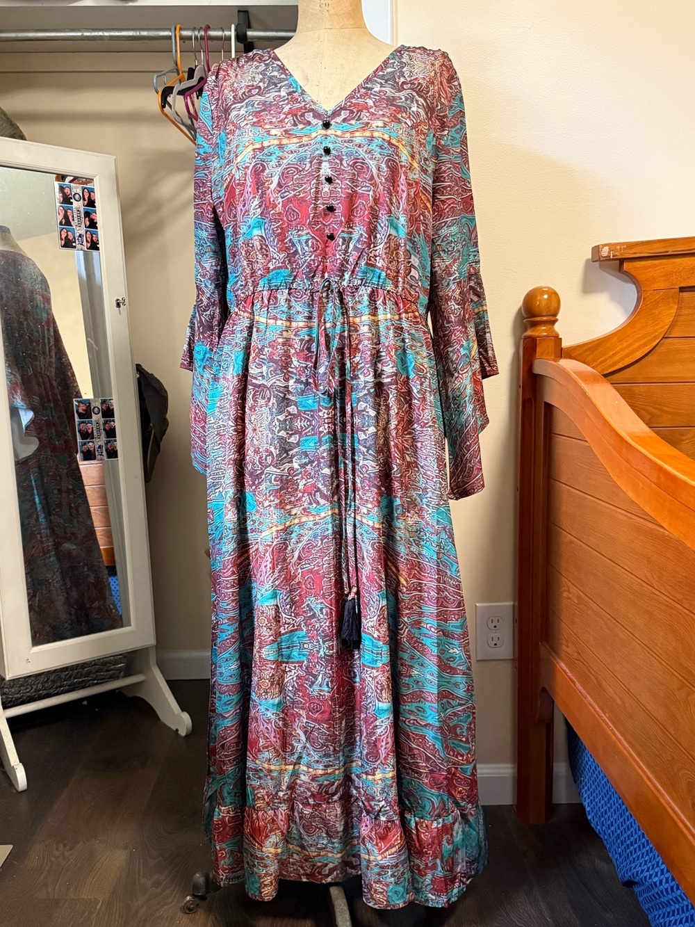Boho Maxi Dress in Burgundy & Teal with Button Front